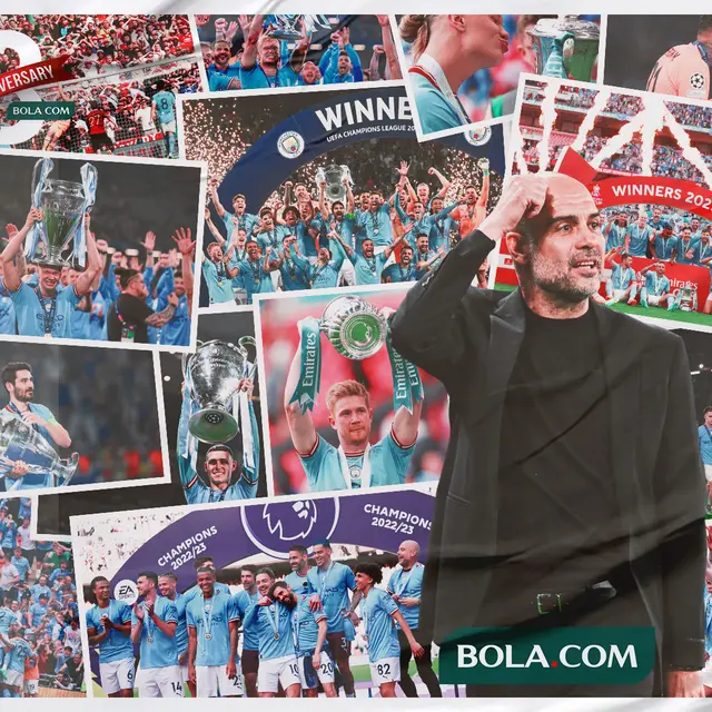 Ilustrasi - Kolase Foto kemenangan Manchester City di Liga Champions, Piala FA dan Premier League