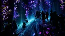 Pengunjung menyaksikan instalasi digital yang menampilkan proyeksi air terjun dan bunga di Museum Seni Digital Mori Building, Tokyo, 21 Juni 2018. Museum seluas 10.000 meter persegi ini banyak menampilkan seni digital mengagumkan. (AP/Shuji Kajiyama)