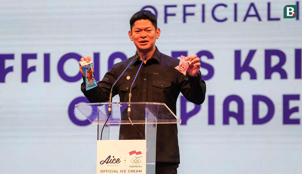 <p>Ketua NOC Indonesia, Raja Sapta Oktohari memberikan sambutan saat acara peresmian Aice sebagai es krim ofisial Tim Indonesia di Olimpiade 2024 di Djakarta Theater XXI, Jakarta, Jumat (05/07/2024). (Bola.com/Bagaskara Lazuardi)</p>