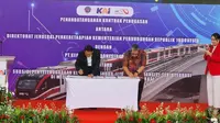 Penandatanganan Kontrak Subsidi Penyelenggaraan Kereta Api Ringan (LRT) Terintegrasi untuk Wilayah Jakarta, Bogor, Depok, dan Bekasi tahun 2023 di Stasiun LRT Jabodebek Halim, Kamis (7/12/2023). (Foto: Istimewa)