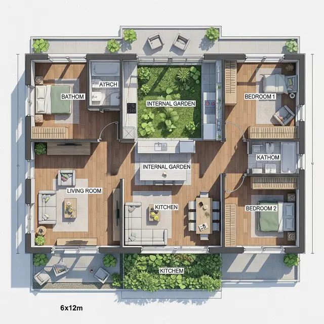 Denah Rumah 6x12 dengan Taman Dalam dan Dapur Terbuka