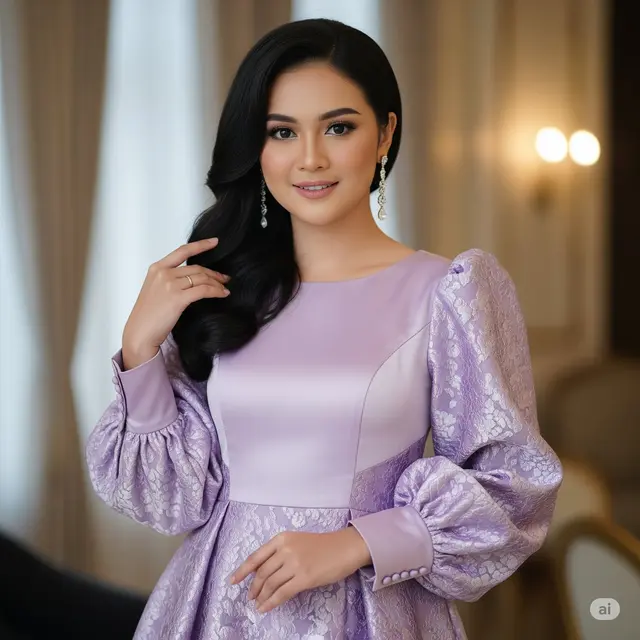 Dress Lavender Brokat A-Line Kombinasi Satin dengan Lengan Balon