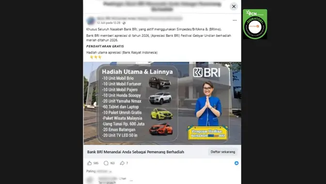 Klaim Link Undian BRI 2026 Terverifikasi Hoax