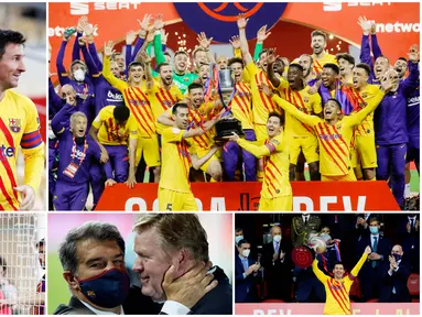Para pemain Barcelona tak kuasa untuk menutupi kebahagiaan setelah berhasil meraih trofi perdana di era Ronald Koeman. Lionel Messi dkk menjuarai Copa del Rey usai menaklukkan Athletic Bilbao dengan skor telak empat gol tanpa balas.