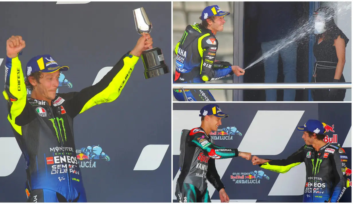 Berikut ini ekspresi bahagia Valentino Rossi setelah berhasil kembali naik podium Motogp