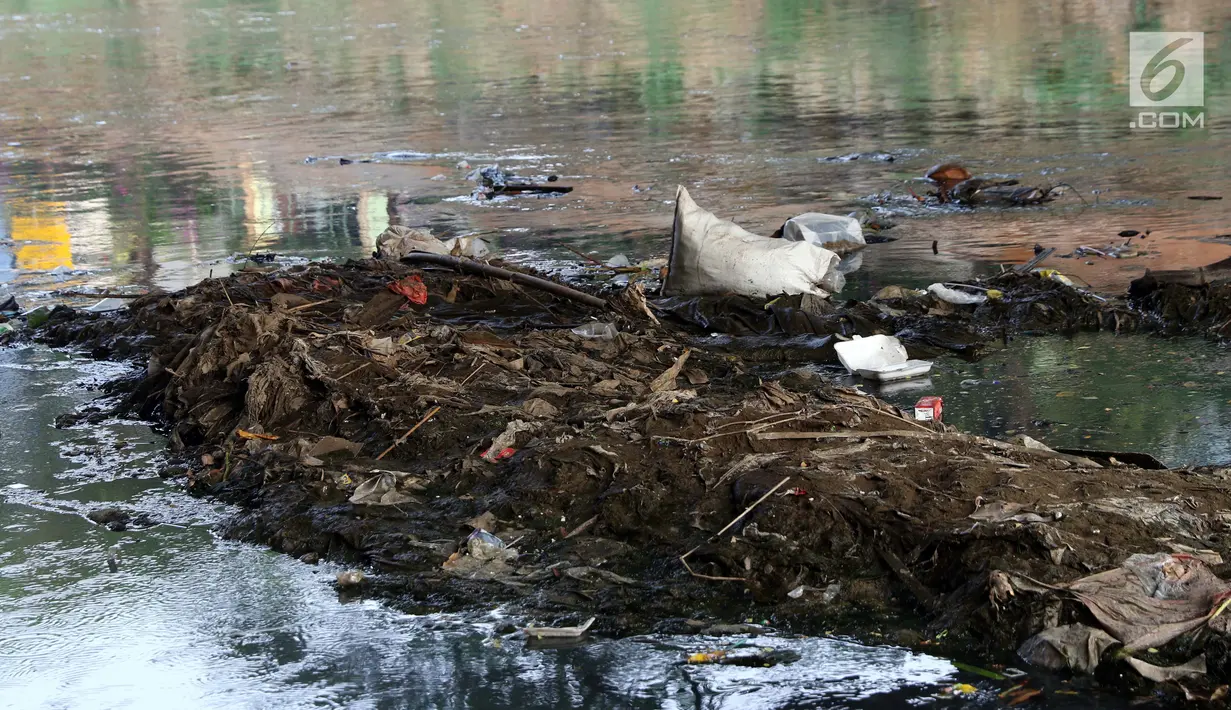 Ceceran sampah dan endapan lumpur terlihat di Kali Ciliwung Banjir Kanal Barat, Jalan Galunggung, Jakarta, Selasa (30/7/2019). Endapan lumpur dan ceceran sampah membuat Kali Ciliwung Banjir Kanal Barat terlihat kotor dan kumuh. (Liputan6.com/Helmi Fithriansyah)