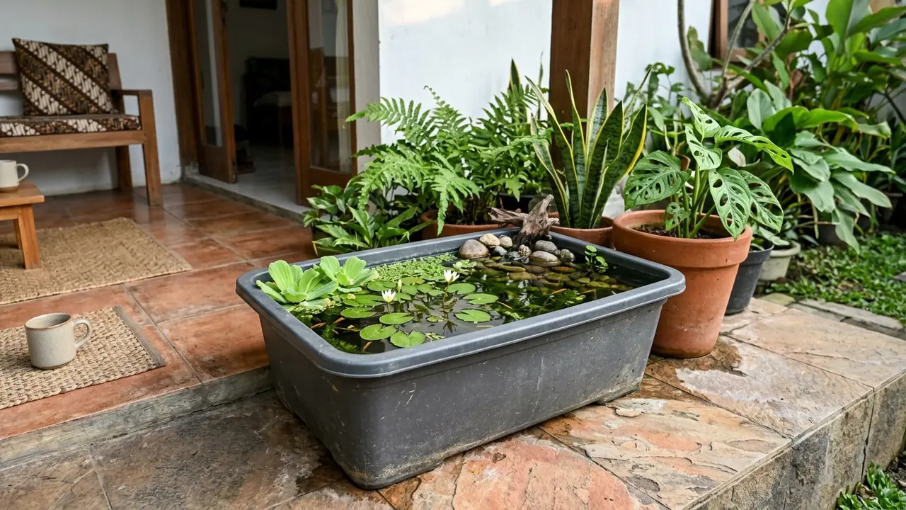 Ide Mini Pond dari Pot Bekas untuk Percantik Teras Rumah