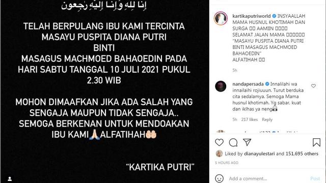 Ibunda Kartika Putri meninggal dunia