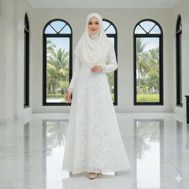 Mujer vestida con abaya blanca (Gemini AI)