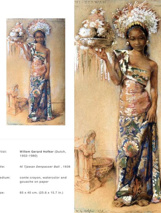 Ini lukisan milik pelukis Belanda, Willem Gerard Hofker, yang dibuat di Denpasar, Bali, pada 1938 berjudul "Ni Tjawan". Didiet terinspirasi kain songket untuk Maudy Ayunda karena warna yang mengugah hatinya. (Foto: Instagram/@didietmaulana)