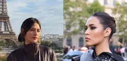 Raisa menampilkan dua beauty look kontras di Paris Fashion Week 2026: soft-effortless untuk Sandro Paris SS27 dan bold dramatis saat show Yohji Yamamoto. (@raissa6690)