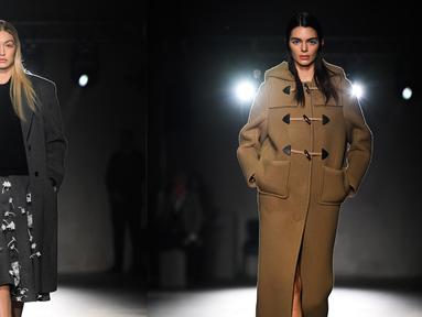 Foto kolase model Kendall Jenner dan Gigi Hadid saat mempersembahkan kreasi Prada selama Koleksi Wanita Musim Gugur-Musim Dingin 2023-2024 sebagai bagian dari Fashion Week di Milan pada 23 Februari 2023. (AFP/Marco Bertorello)