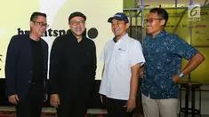 Head of Corporate Leasing and Marcomm Agung Sedayu Frans K Arsinto, Founder of BrightspotMRKT Anton Wirjono, Corsec PT MRT Jakarta M. Kamaluddin dan SVP Operations and Traffic Lazada Indonesia Haikal Bekti Anggoro berbincang jelang BrightspotMRKT di Jakarta, (17/9/2019). (Liputan6.com/Fery Pradolo)