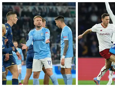 Dua tim ibu kota, Lazio dan AS Roma gagal memetik hasil mamkimal dalam laga pekan ke-20 Liga Italia 2022/2023, Senin (30/1/2023) dini hari WIB. Lazio yang menjamu Fiorentina harus puas bermain imbang 1-1, sementara AS Roma yang bertandang ke markas Napoli harus takluk 1-2 dari sang pemimpin klasemen sementara. (Kolase La Presse dan AP Photo)