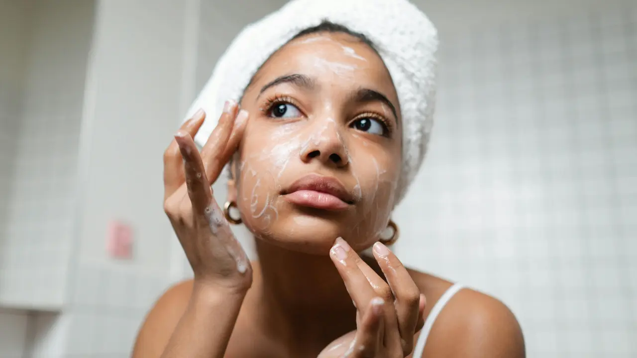 Wanita sedang menggunakan skincare