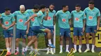 Para pemain Brasil mengambil bagian dalam sesi latihan di pusat pelatihan tim Palmeiras di Sao Paulo, Brasil, pada 8 Oktober 2024. (Nelson ALMEIDA/AFP)