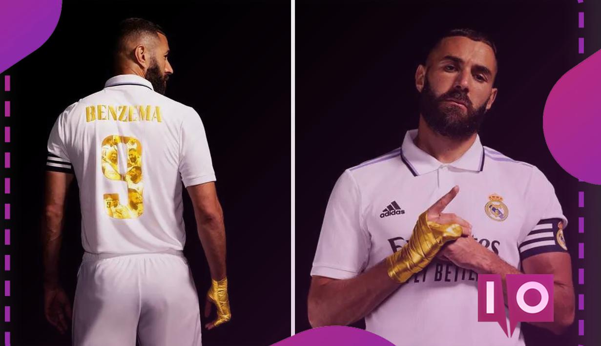 Usai memenangi Ballon d'Or edisi 2022, Karim Benzema yang dikontrak Adidas pun mendapatkan penghormatan dari pihak sponsor dengan dikeluarkannya edisi terbatas berupa jersey dan sepatu beraksen emas serta sebuah film pendek yang menyoroti perban yang seakan jadi ciri khas Karim Benzema sejak 2019. (Adidas)