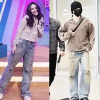 Celana &ldquo;dekil&rdquo; Ayu tersebut ternyata mirip dengan yang dikenakan oleh personil BTS, Jimin. Jimin memadukannya dengan atasan lengan panjang warna coklat. [Instagram/@ayutingting92]