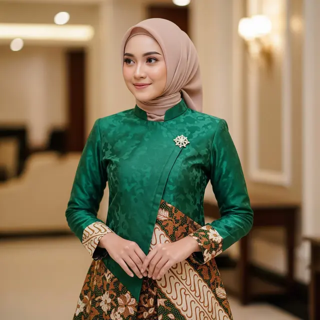 Gamis Hijau Zamrud Kombinasi Batik dan Hijab Nude Trend 2025