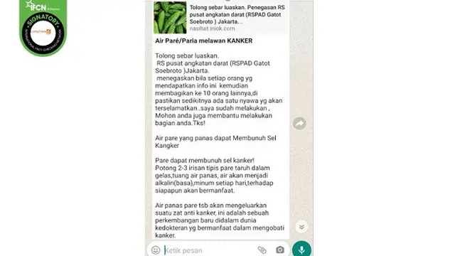 Gambar Tangkapan Layar Klaim Air Rebusan Pare Dapat Membunuh Sel Kanker (sumber: WhatsApp)