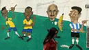 Sebagai rival utama Brasil, Lionel Messi digambarkan sebagai sosok utama lawan yang harus diwaspadai. Mural ini terdapat di Rio de Janeiro, Brasil. (AFP Photo/Vanderlei Almeida)