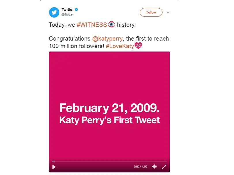 Katy Perry berhasil pecahkan rekor sebagai orang pertama yang memiliki pengikut lebih dari 100 juta di Twitter