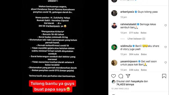 Ayah Arbani Yasiz Meninggal Dunia Usai Berjuang Melawan Covid-19. (Foto: Instagram @arbaniyasiz)