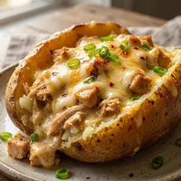 Resep baked potato isi ayam creamy keju (AI generated)
