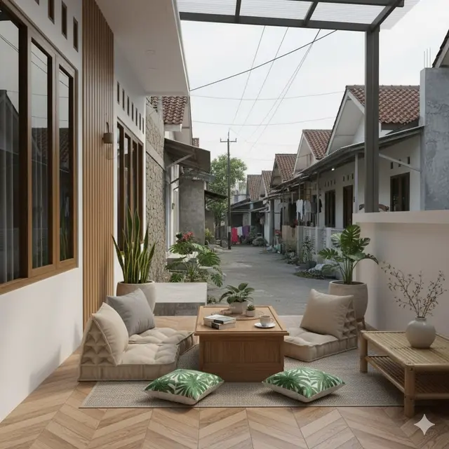 Teras Lesehan Modern dengan Bantal dan Meja Rendah