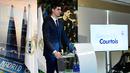 Kiper asal Belgia Thibaut Courtois memberi keterangan kepada awak media selama presentasi dirinya menjadi pemain Real Madrid di stadion Santiago Bernabeu (9/8). Courtois dikontrak Madrid selama 6 tahun. (AFP Photo/Javier Soriano)
