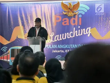 Menteri Perhubungan Budi Karya Sumadi memberikan sambutan serta pengarahan saat Launching Perkumpulan Angkutan Daring Indonesia (PADI) di Gedung Inkoppol, Jakarta, Senin (7/1). (Merdeka.com/Iqbal S. Nugroho)