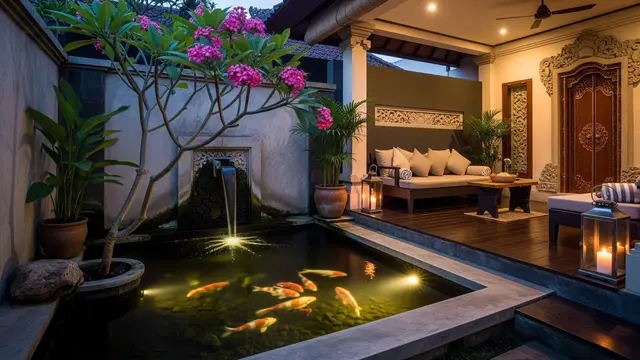 Model Teras Depan Rumah dengan Pohon Kamboja Bikin Nuansa Bali