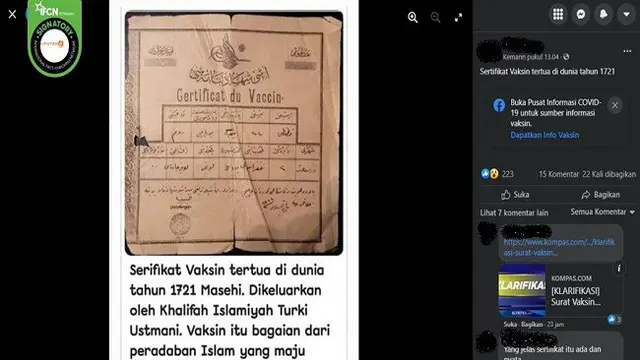 Gambar Tangkapan Layar Foto yang Diklaim Sertifikat Vaksin Tertua di Dunia (sumber: Facebook).