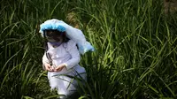 Seorang gadis berpakaian seperti karakter Corpse Bride ambil bagian dalam perayaan satu dekade Zombie Walk di Santiago, Chile, 13 Oktober 2018. Zombie Walk digelar dua minggu sebelum perayaan Halloween pada 31 Oktober mendatang. (AP/Esteban Felix)