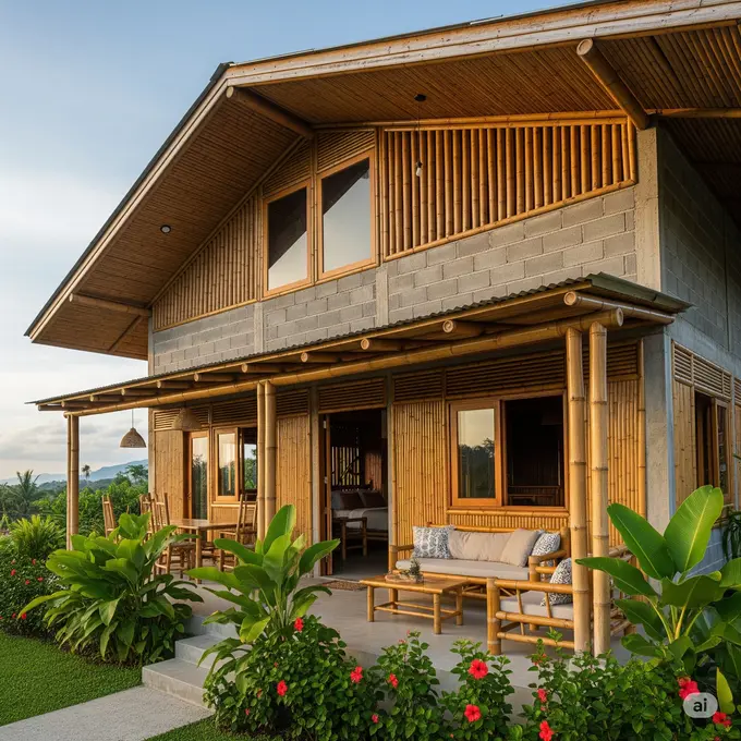 Rumah Bambu dan Batako Gaya Tropis dengan Teras Luas (Gemini AI)