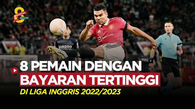 Berita motion grafis delapan pemain dengan bayaran tertinggi di Liga Inggris 2022/2023. Termasuk gelandang tangguh Manchester United, Casemiro.