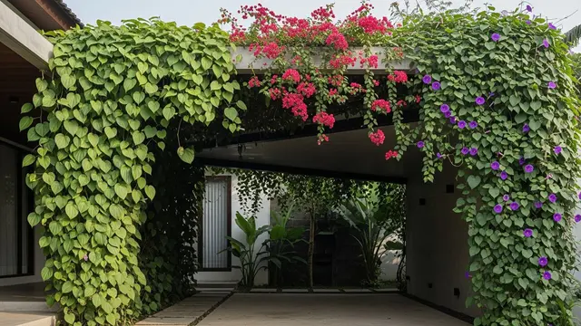 Desain Teras Sekaligus Carport dengan Tanaman Rambat