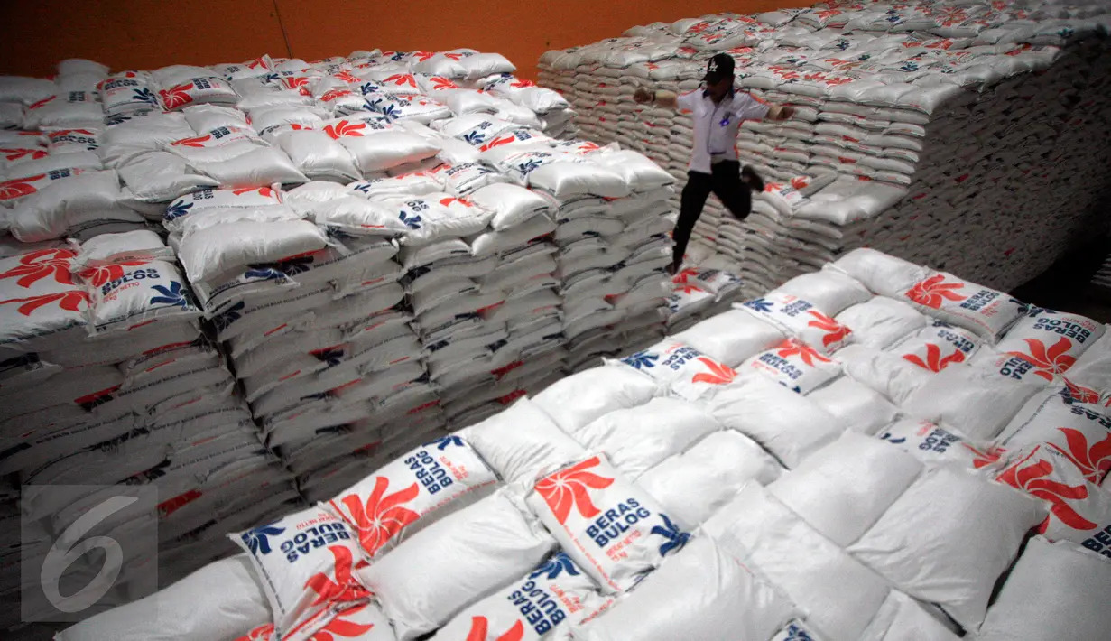 Petugas mengecek stok beras di Gudang Bulog DIY di Kalasan,Sleman, (27/1). Saat ini Bulog DIY memiliki stok beras rastra sekitar 19.000 ton. (Boy Harjanto)
