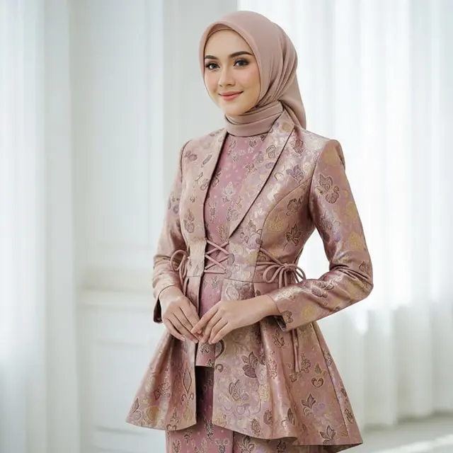 Model Gamis Batik Kombinasi Blazer Brokat untuk Kesan Ramping