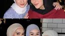 Dinda Hauw mengenakan kemeja lengan panjang bergaris warna biru dengan inner manset putih. Dipadukan kerudung biru instan.  [@melodylaksani92]