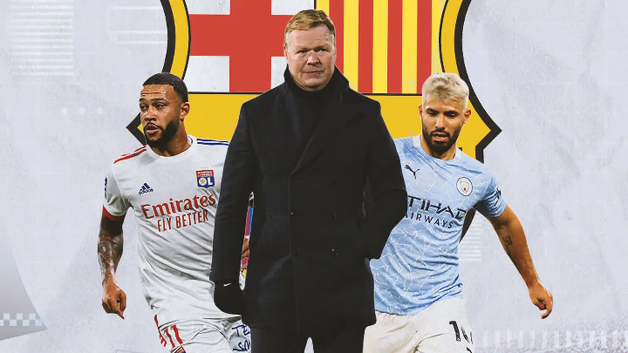 Barcelona - Ronald Koeman diapit Memphis Depay, Sergio Aguero