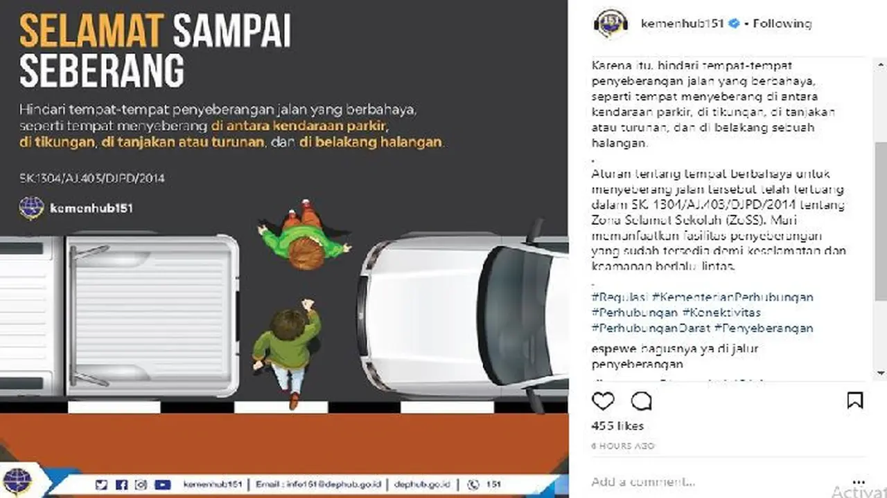 Menyeberang Jalan, Hindari Tempat Ini Agar Tidak Celaka Foto: instagram @kemenhub151)