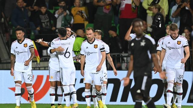 Selebrasi pemain MU saat mencetak gol di laga MU melawan Sheriff di Liga Europa