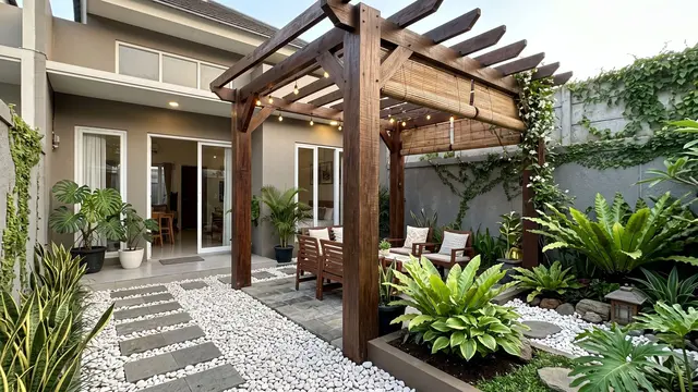 Ide Halaman Belakang dengan Pergola dan Taman Mini