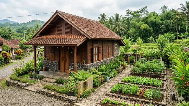 Desain Rumah Desa Adem dengan Taman Samping dan Dinding Batu Alam. Gemini