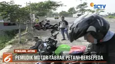 Seorang petani tersungkur setelah sepeda yang ia kendarai tertabrak dari belakang oleh sepeda motor pemudik.