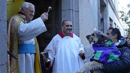 Pastor Angel memercikkan air suci pada seekor anjing di gereja San Anton selama pesta Santo Antonius, santo pelindung hewan, di Madrid, Spanyol, Selasa (17/1/2023). Pesta itu dirayakan setiap tahun di banyak bagian Spanyol dan orang-orang membawa hewan mereka ke gereja untuk diberkati. (AP Photo/Paul White)