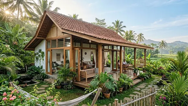 Ide Rumah Kampung dengan Bukaan Besar dan Tanaman/AI Generated