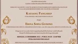 Dalam foto undangan yang beredar hanya tertera tanggal resepsi pernikahannya saja. Pasalnya diketahui akad nikah Kaesang Pangarep dan Erina Gudono hanya dihadiri oleh keluarga dan kerabat dekat. Selain desain undangan yang curi perhatian, nama Presiden Jokowi dan Iriana yang singkat tanpa adanya tulisan gelar juga jadi sorotan karena dinilai mencerminkan kesederhanaan. (Liputan6.com/Twitter/
@jackodanish)