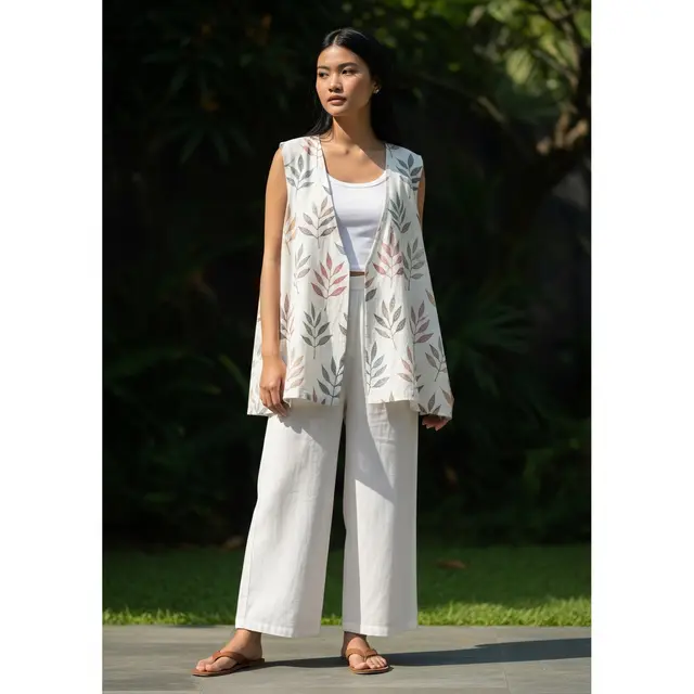 Linen Vest Oversized Motif Flora